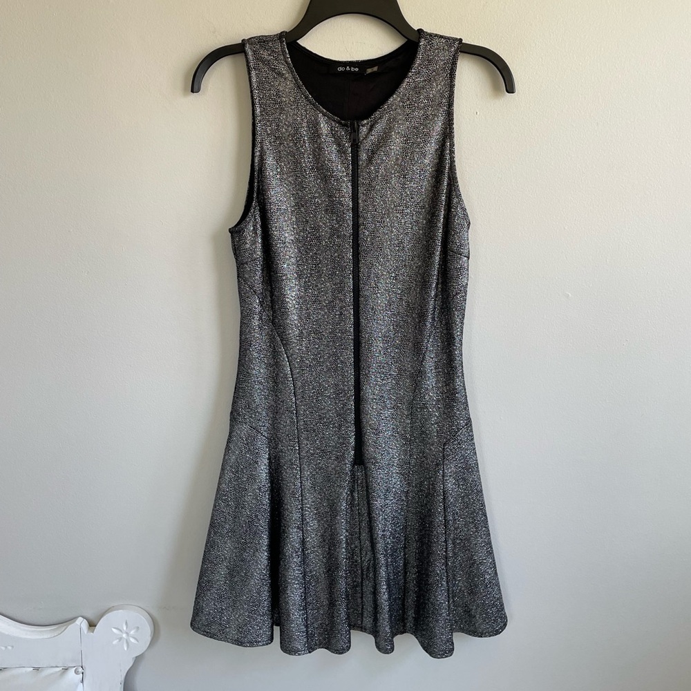 BLACK SILVER SKATER DRESS SLEEVELESS EXPOSED FRONT ZIPPER TEXTURE STRETCH - Picture 4 of 12